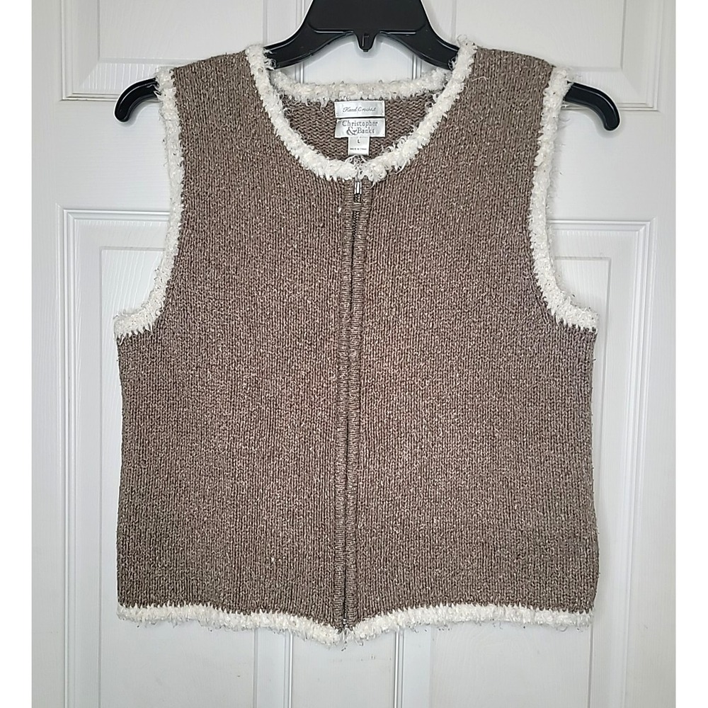 Christopher & Banks Silk Sweater Vest Beige/Cream Full Zip Hand Crochet Women L